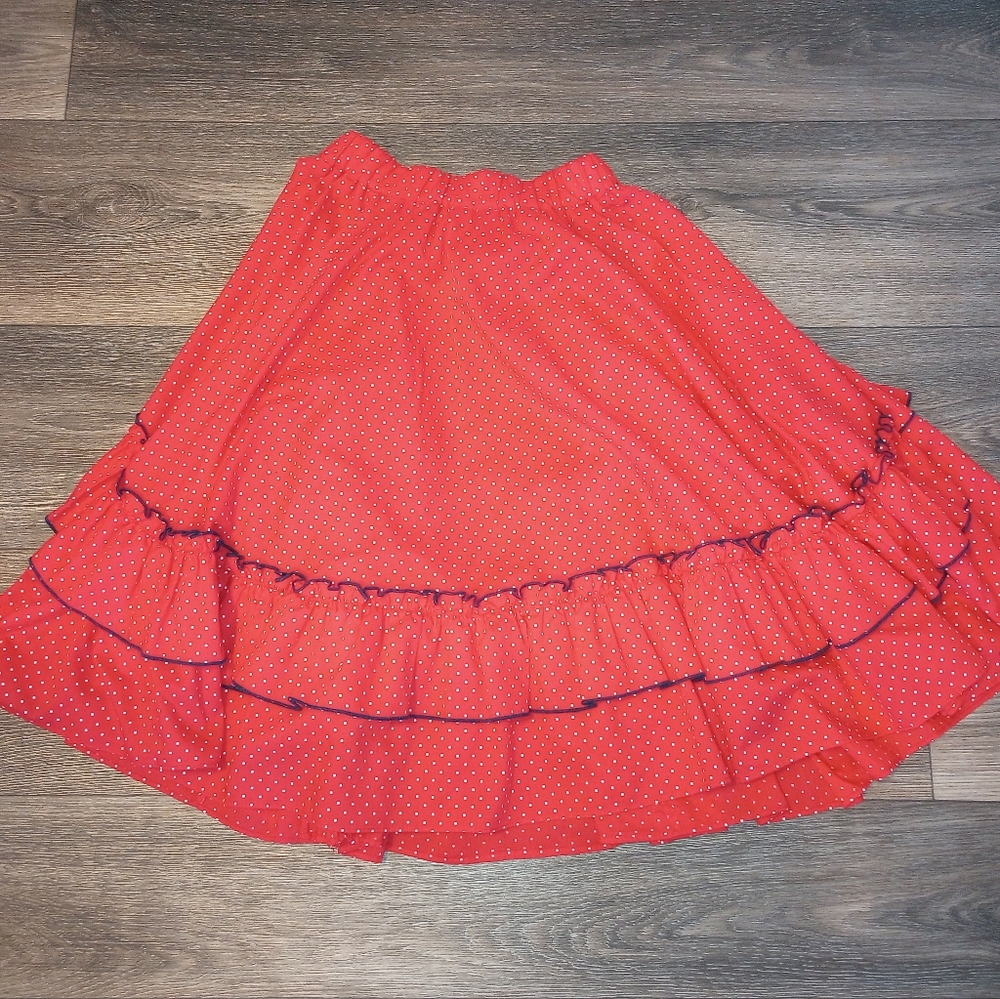 Vtg Jeri Bee Western Square Dance Circle Tiered Ruffled Red Polka Dot Blue Trim